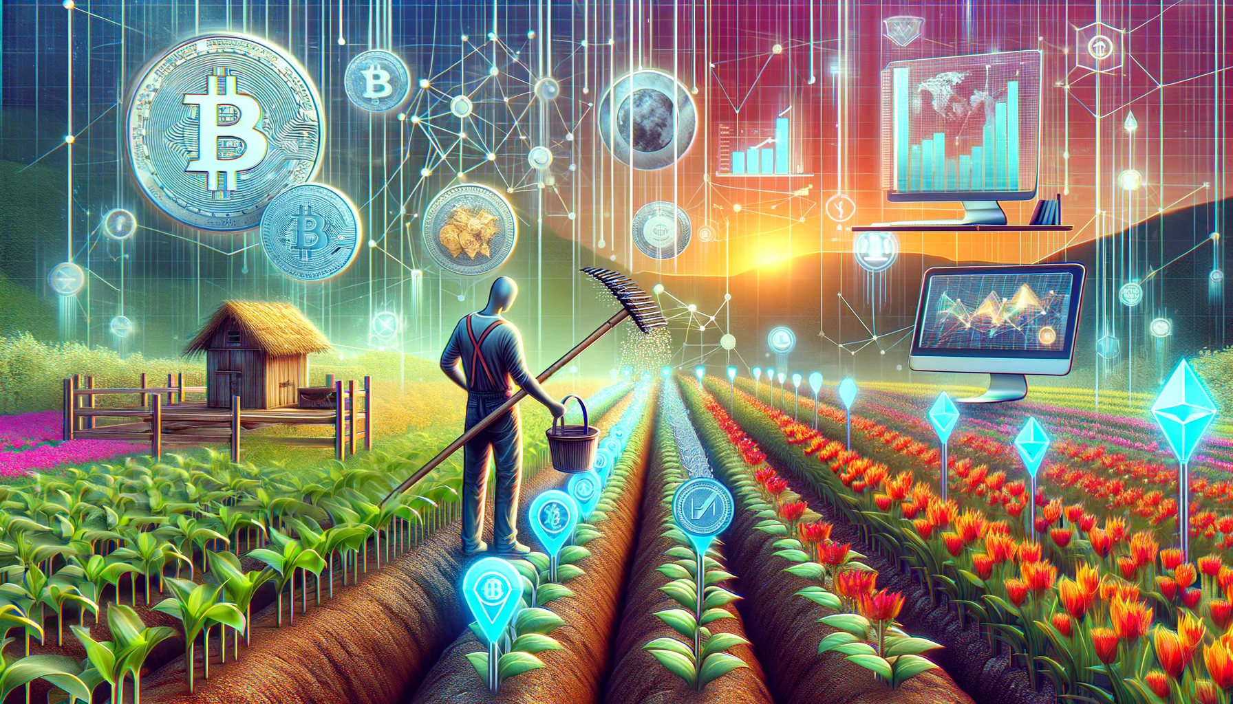 Dieses Bild zeigt eine Figur in einer futuristischen Farmumgebung, die sich um ein Feld digitaler Pflanzen kümmert, die verschiedene Kryptowährungen darstellen, mit einem Fokus auf sIOTA und dem Shimmer-Netzwerk. Es vereint Elemente der Finanzwelt und der Landwirtschaft auf spielerische und visuell ansprechende Weise.